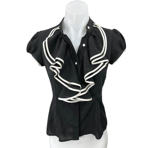 Mia Via Black Silk Ruffle Pearl Button Down Puff Sleeve Shirt Blouse Top Size XS - Picture 1 of 5